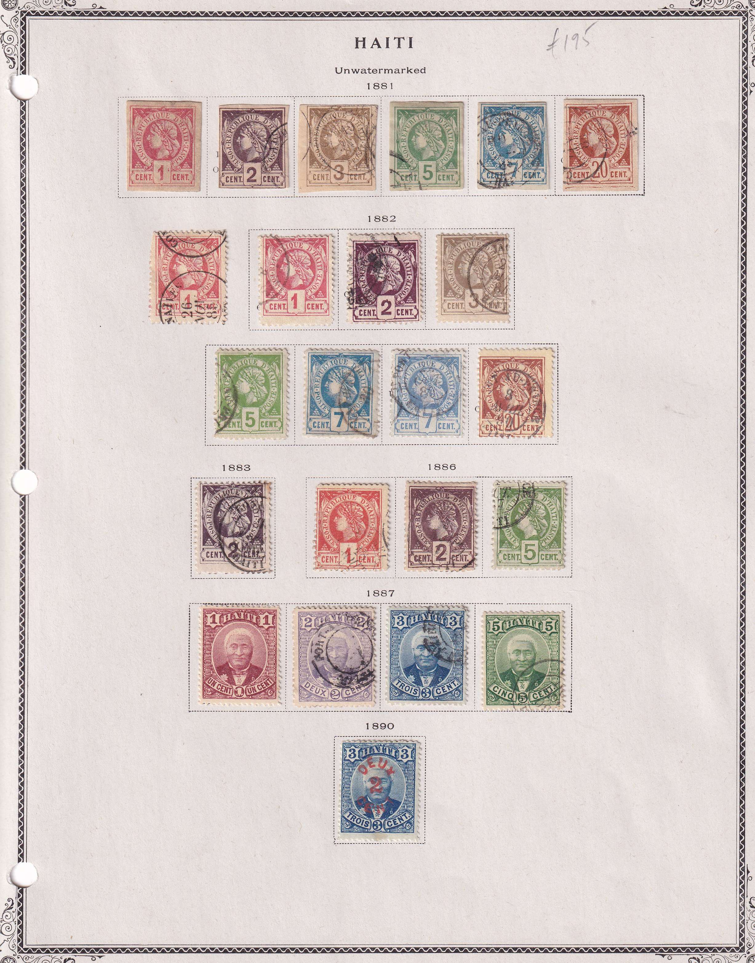 Haiti 1881 — Collection on 3 album pages including full sets & key values