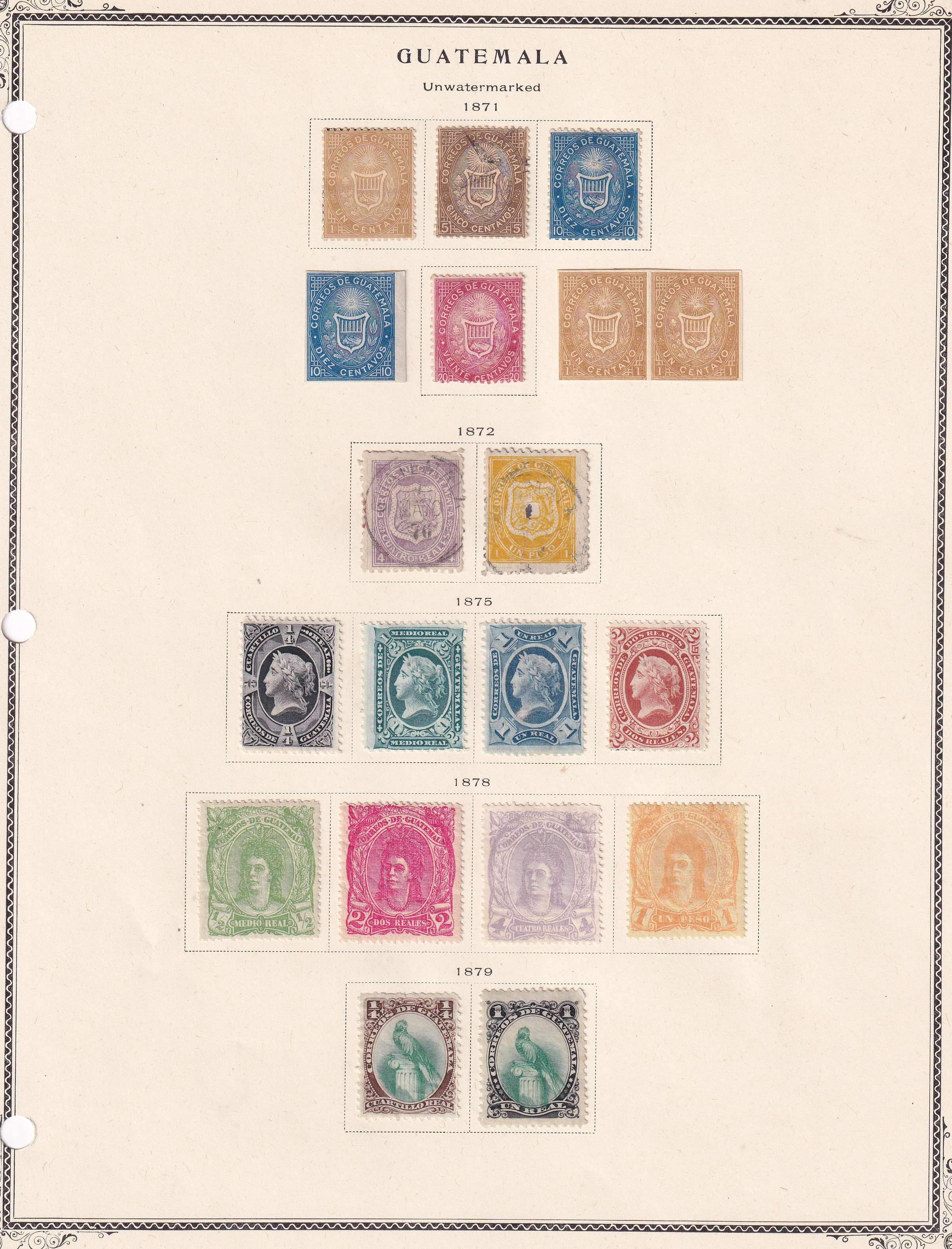 Guatemala 1871 — Better collection on 5 album pages featuring Scott 1 thru 107 chiefly complete with full…