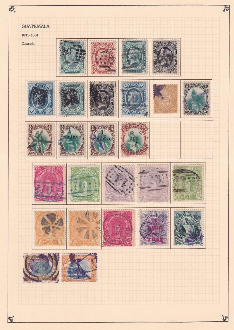 Guatemala 1871 — Choice cancels collection mounted on 9 album pages including 240 stamps